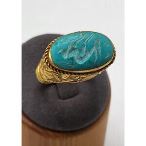 Vintage Middle Eastern Turquoise Ring Gold Tone Signet Style Ornate